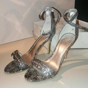 GUESS Pewter Lace Dress Sandals with Crystal Flower Detail, New